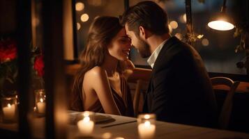 ai generiert Paar im Anzüge haben ein romantisch Abendessen im ein modern Restaurant feiern Valentinstag Tag foto