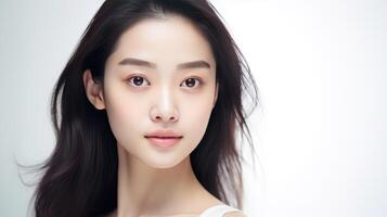 ai generiert schön asiatisch Mädchen mit sauber, frisch Haut auf Weiß Hintergrund. Gesichts- Pflege foto