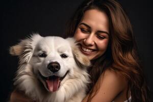 ai generiert glücklich jung Frau umarmen ihr flauschige Hund. ai generiert. foto