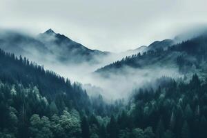 ai generiert neblig nebelig Berg Spitzen und Wald. schön natürlich Landschaft. ai generiert. foto