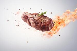 ai generiert köstlich gegrillt Rindfleisch Steak mit Gewürze fliegend auf Licht Hintergrund. Essen Schweben. ai generiert. foto