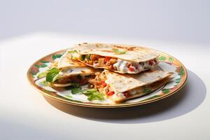 ai generiert Scheiben von köstlich Quesadilla auf ein Teller auf Weiß Hintergrund, schließen hoch. ai generiert. foto