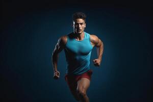 ai generiert sportlich Mann Laufen auf dunkel Blau Hintergrund. Sport und gesund Lebensstil. ai generiert. foto