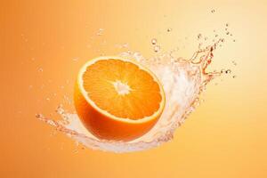 ai generiert frisch reif Orange mit Wasser spritzt isoliert auf Orange Hintergrund. ai generiert. foto