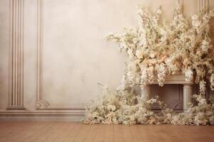 ai generiert Pastell- Beige Blumen Hochzeit Hintergrund mit Kopieren Raum. ai generiert. foto