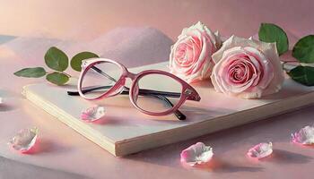 ai generiert Rosa Rose und Brille auf Tabelle foto