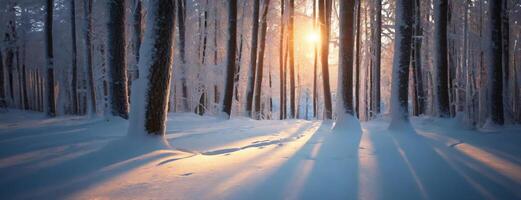 ai generiert Sonnenaufgang Pracht im ein schneebedeckt Winter Wald. Panorama mit Kopieren Raum, minimalistisch Hintergrund. foto