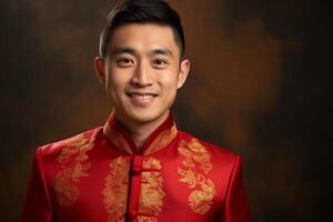 ai generiert gut aussehend Chinesisch Mann tragen rot traditionell Kleider mit generativ ai foto