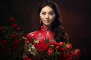 ai generiert schön Chinesisch Frau tragen rot traditionell Kleider und halten rot Blumen mit generativ ai foto