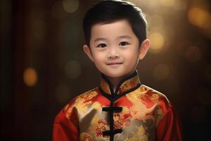 ai generiert ein jung Chinesisch Junge tragen rot Chinesisch traditionell Kleider Bokeh Stil Hintergrund mit generativ ai foto