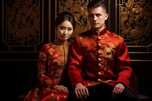 ai generiert Chinesisch Bräutigam und Braut tragen Chinesisch Hochzeit Kleidung mit generativ ai foto