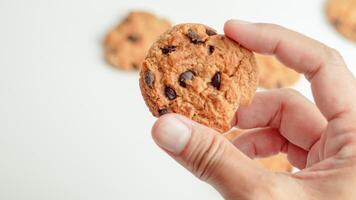 Schokolade Chip Kekse auf ein Weiß Hintergrund foto