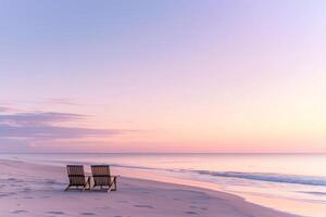 ai generiert Gelassenheit beim Sonnenuntergang, Strand Landschaft mit leeren Stühle foto