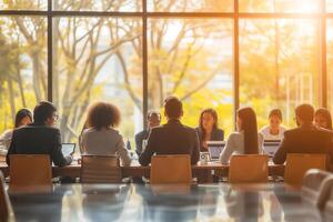 ai generiert kreativ Zusammenarbeit Treffen im ein korporativ Büro foto