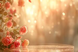 ai generiert romantisch Valentinstag Tag Glas Podium mit elegant Rosen foto