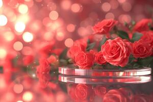 ai generiert romantisch Valentinstag Tag Glas Podium mit elegant Rosen foto