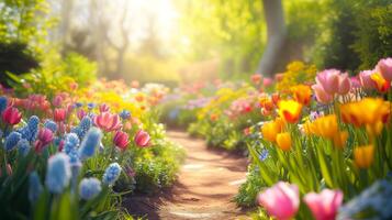 ai generiert Garten Gehweg inmitten Blühen Blumen - - Blumen- Schönheit foto