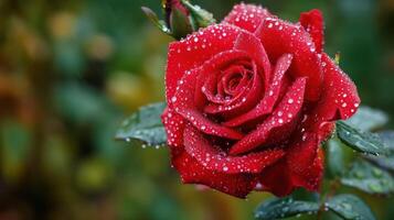 ai generiert schön Nahansicht rot Rose zart bedeckt im Morgen Tau, mit Kopieren Raum foto