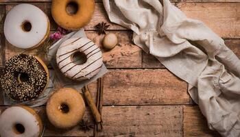 ai generiert Kopieren Raum Bild von Vielfalt von Donuts Über ein rustikal Hintergrund Schuss von Overhead foto