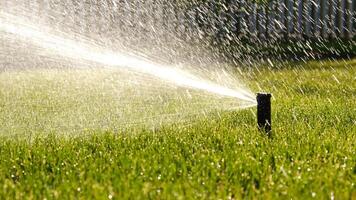 automatisch Garten Bewässerung System Bewässerung Rasen mit einstellbar Kopf. automatisch Ausrüstung zum Bewässerung und Instandhaltung von Rasenflächen, Gartenarbeit. foto