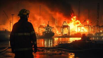 ai generiert dramatisch scence männlich Feuerwehrmann mit Feuer Vorfall im Hafen , Ladung Schiff Explosion ,Ladung Schiff Explosion . foto