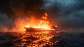 ai generiert Ladung Schiff Explosion auf Meer in der Nähe von Hafen . foto