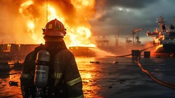 ai generiert dramatisch scence männlich Feuerwehrmann mit Feuer Vorfall im Hafen , Ladung Schiff Explosion ,Ladung Schiff Explosion . foto