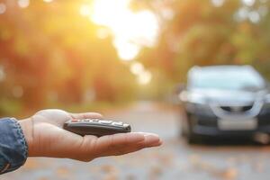 ai generiert Auto Schlüssel im Hand mit verschwommen Auto im Hintergrund .Vermietung Geschäft Konzept.Auto Versicherung Konzept. foto