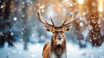 ai generiert Natur Tierwelt Szene jung Hirsch mit groß Horn im das schneebedeckt Wald . foto