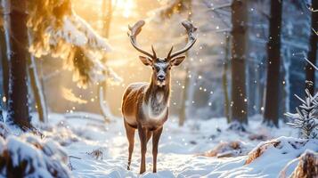 ai generiert Natur Tierwelt Szene jung Hirsch mit groß Horn im das schneebedeckt Wald . foto