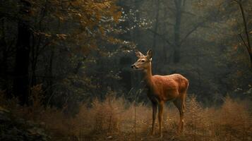 ai generiert Natur Tierwelt Szene jung Hirsch im das Wald . foto