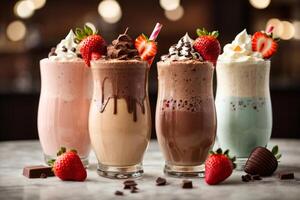 ai generiert entdecken das ultimativ Trio unwiderstehlich Milchshakes im klein, Mittel groß generativ ai foto