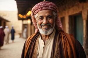 ai generiert ai generiert Bild von lächelnd arabisch Alten bärtig Mann tragen traditionell Kleidung und suchen beim Kamera während Stehen gegen verschwommen Hintergrund foto