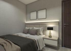 minimalistisch Schlafzimmer Design mit Kissen Kopfteil und Seite Schublade, 3d Illustration foto