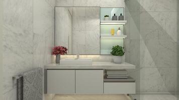 modern waschen Hand Kabinett zum Innere Badezimmer, 3d Illustration foto