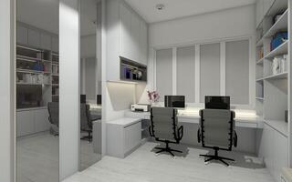 Büro Zimmer Innere mit doppelt Schreibtisch Kabinett und Lager Anzeige 3d Illustration foto