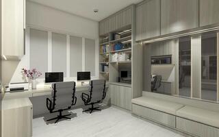 minimalistisch Arbeitsplatz Design mit Lager Kabinett und Kissen Bank 3d Illustration foto