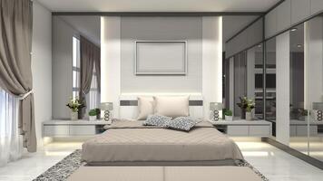 modern und Luxus Meister Schlafzimmer mit zurück Mauer Panel Dekoration 3d Illustration foto