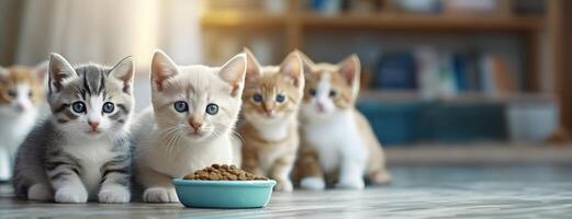 ai generiert Kätzchen versammelt um ein Schüssel von Essen auf das Boden. ein Gruppe von Katzen mit verschiedene Mantel Muster. Rasse Ernährung, Haustiere Teilen ein Mahlzeit zusammen. International Katze Tag. Panorama mit Kopieren foto