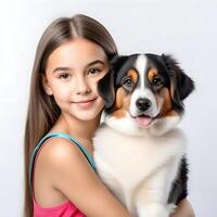ai generiert ein gut aussehend jung Mädchen mit süß Hund isoliert auf Weiß Hintergrund foto