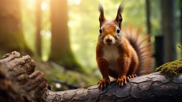 ai generiert ein rot Eichhörnchen ist Sitzung auf ein Baum Ast foto