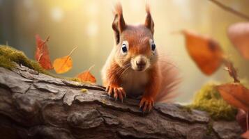 ai generiert ein rot Eichhörnchen ist Sitzung auf ein Baum Ast foto