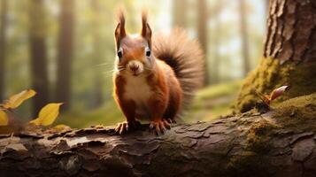 ai generiert ein rot Eichhörnchen ist Sitzung auf ein Baum Ast foto