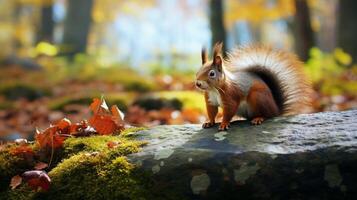 ai generiert ein rot Eichhörnchen ist Sitzung auf ein Baum Ast foto