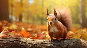 ai generiert ein rot Eichhörnchen ist Sitzung auf ein Baum Ast foto