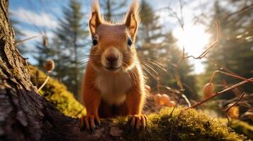 ai generiert ein Eichhörnchen ist Sitzung auf ein Baum Ast foto