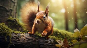 ai generiert ein Eichhörnchen ist Sitzung auf ein Baum Ast im das Wald foto