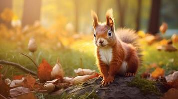 ai generiert ein Eichhörnchen ist Sitzung auf ein Baum Ast im das Wald foto