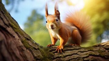 ai generiert ein Eichhörnchen ist Sitzung auf ein Baum Ast im das Wald foto