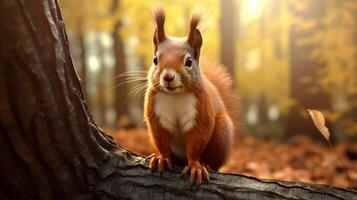 ai generiert ein Eichhörnchen ist Sitzung auf ein Baum Ast im das Wald foto